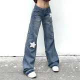 Women Stretch Star Contrast Color Denim Washed High Waist Bell Bottom Raw Edge Pant