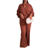 Plus Size Women Autumn Casual V-neck Loose Long Sleeve Top and Wide Leg Pants Two-piece Set