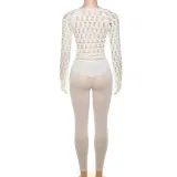 Autumn Women lace-up Crop Top and high-waisted Lace mesh Pant two-piece set