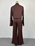 Women Autumn Solid Turndown Collar long-sleeved shirt and wide-leg Pant Casual two-piece set