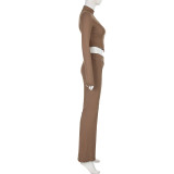 Women Solid Half Turtle Collar Zipper Irregular Long Sleeve Top + High Waist Pants Casual Sports Two-piece Set