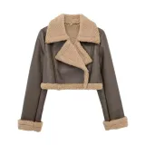 Winter Women Turndown Collar Lamb Wool PU-Leather Crop Jacket