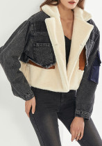 Women Lamb Wool Patchwork Loose Casual Denim Crop Jacket