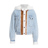 Women Denim Lamb Wool Autumn and Winter Patchwork Style Single Breasted Crop Jacket