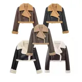 Winter Women Turndown Collar Lamb Wool PU-Leather Crop Jacket
