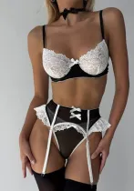Women Bra Lace Mesh Patchwork Contrast Color Sexy Lingerie Set