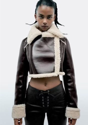 Winter Women Turndown Collar Lamb Wool PU-Leather Crop Jacket