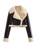 Winter Women Turndown Collar Lamb Wool PU-Leather Crop Jacket