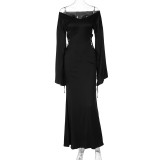 Women Autumn and Winter Tie Hollow Off Shoulder Loose Long Sleeve Dress