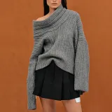 Women Autumn Trend Irregular Off Shoulder Loose Casual Knitting Shirt Long Sleeve Sweater