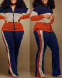 Women long-sleeved color-blocked zipper top and trousers two-piece set