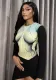 Women Round Neck Color Block Printed Long Sleeve Bodycon Pleated Dress