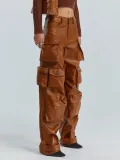 Women Pockets Style Loose Cargo PU-Leather Pant