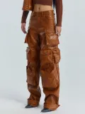 Women Pockets Style Loose Cargo PU-Leather Pant