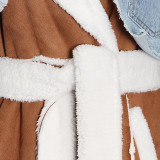 Women Autumn/Winter Turndown Collar Long Sleeve Lace-Fly Lamb Maxi Colorblock Denim Coat