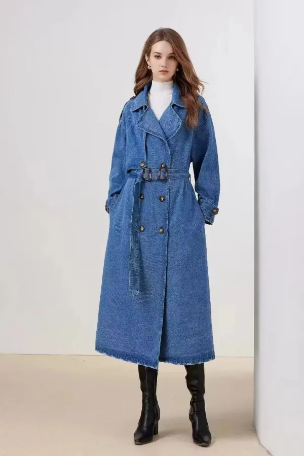 Women Loose Double Breasted Belted Denim Jacket
