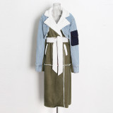 Women Autumn/Winter Turndown Collar Long Sleeve Lace-Fly Lamb Maxi Colorblock Denim Coat