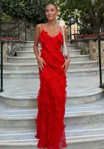 Women chiffon suspender backless slit ruffle evening dress