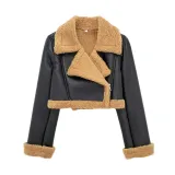 Winter Women Turndown Collar Lamb Wool PU-Leather Crop Jacket