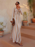 Women crocheted hollow low-cut V-neck slit long dress