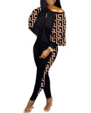 Women Long Sleeve Round Neck Print Off Shoulder Top and Pant Casual Two Piece Set