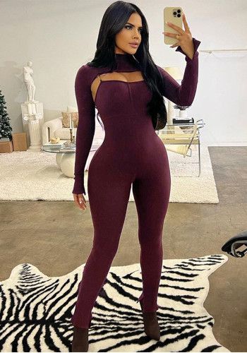 Women High Neck Long Sleeve Shawl Suspender Jumpsuit Solid Two Piece Set