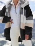 Plus Size Women Winter Plush Loose Long Sleeve Color Block Hooded Zipper Warm Jacket