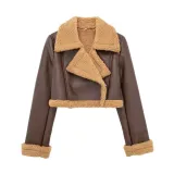 Winter Women Turndown Collar Lamb Wool PU-Leather Crop Jacket