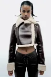 Winter Women Turndown Collar Lamb Wool PU-Leather Crop Jacket