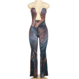 Women Sexy Strapless Backless Printed Jumpsuit