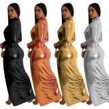 Women Solid Shiny Long Sleeve Pleated Maxi Dress