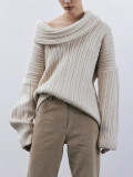 Women Autumn Trend Irregular Off Shoulder Loose Casual Knitting Shirt Long Sleeve Sweater