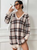 Women Autumn and Winter Contrast Color Patchwork Plaid Long Sleeve Casual Sweater Dress