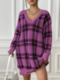 Women Autumn and Winter Contrast Color Patchwork Plaid Long Sleeve Casual Sweater Dress
