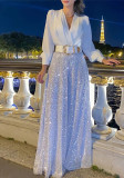 Women V-neck long-sleeved and sequined wide-leg Jumpsuit （with Belt）