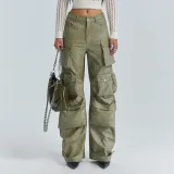 Women Pockets Style Loose Cargo PU-Leather Pant