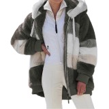 Plus Size Women Winter Plush Loose Long Sleeve Color Block Hooded Zipper Warm Jacket