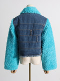 Women Autumn French Denim Patchwork Furry Padded Crop Warm Jacket