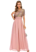 Women Sexy Chiffon Patchwork Sequin Evening Dress