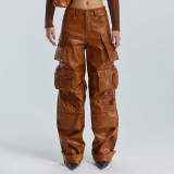 Women Pockets Style Loose Cargo PU-Leather Pant