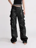 Women Pockets Style Loose Cargo PU-Leather Pant