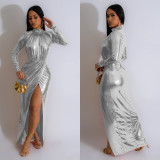 Women Solid Shiny Long Sleeve Pleated Maxi Dress