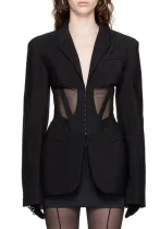 Women Fall French Career Casual mesh Patchwork See-Through Blazer