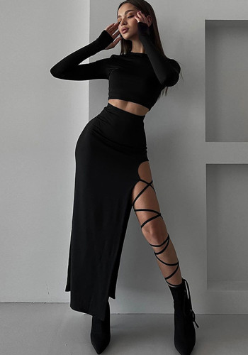 Women Chic Long Sleeve Top and Slit Lace-Up Skirt Two Pieces