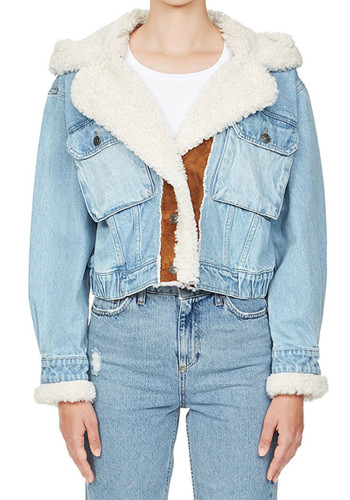 Women Denim Lamb Wool Autumn and Winter Patchwork Style Single Breasted Crop Jacket