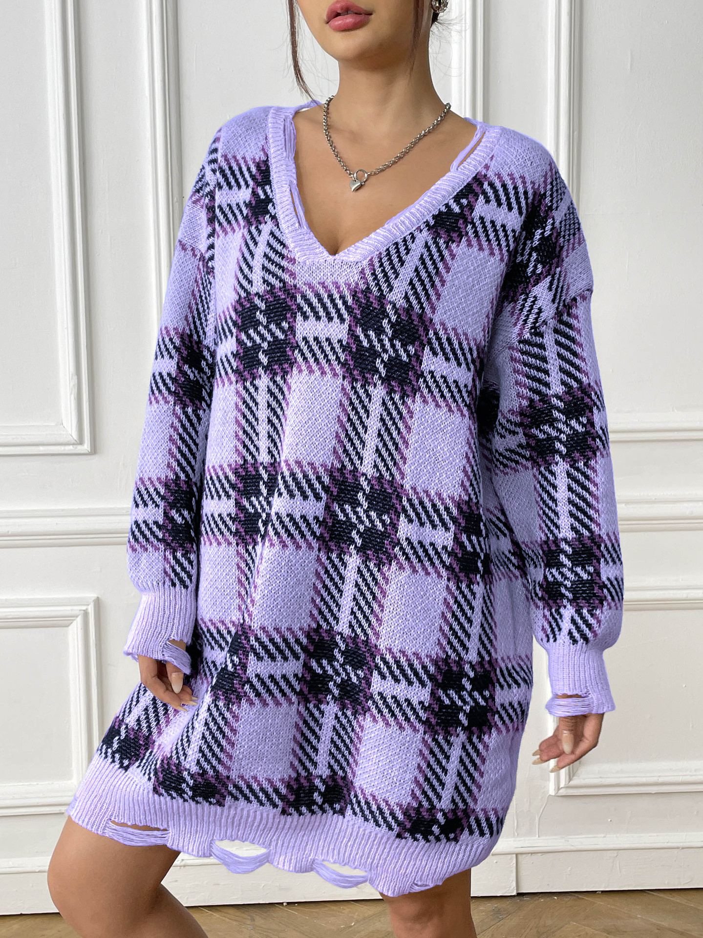 Fall/Winter Casual Contrast Plaid Long Sleeve Basic Sweater Dress - The  Little Connection