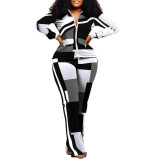 Women long-sleeved color-blocked zipper top and trousers two-piece set