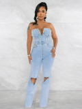 Women Sexy Sexy Backless Style Ripped Denim Jumpsuit