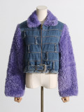 Women Autumn French Denim Patchwork Furry Padded Crop Warm Jacket