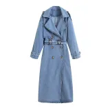 Women Loose Double Breasted Belted Denim Jacket